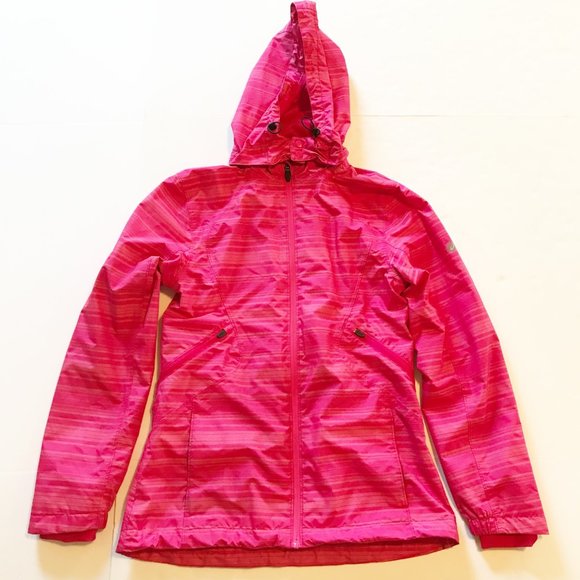 ASICS Storm Shelter Cosmo Pink Striped Hooded Rain Jacket Womens Medium - Picture 2 of 11